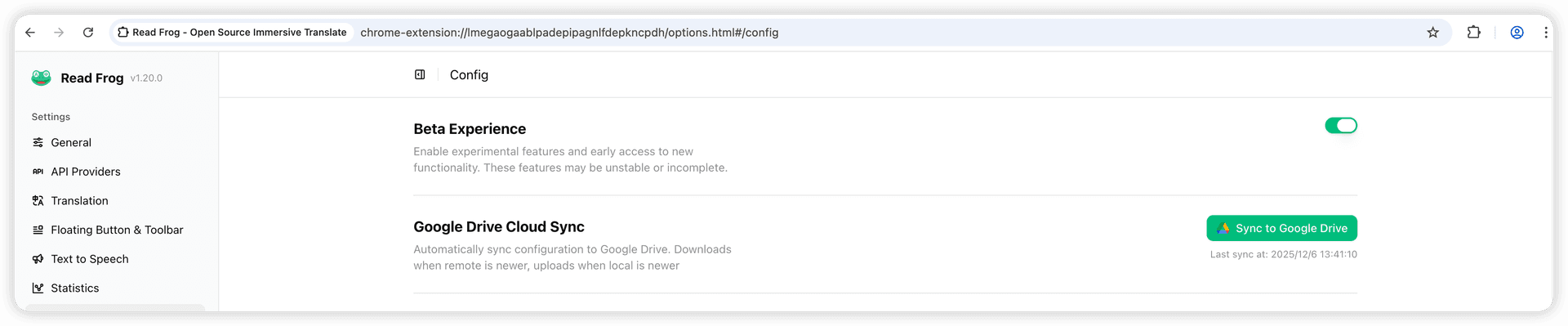 Options Page Image - Google Drive Sync Feature