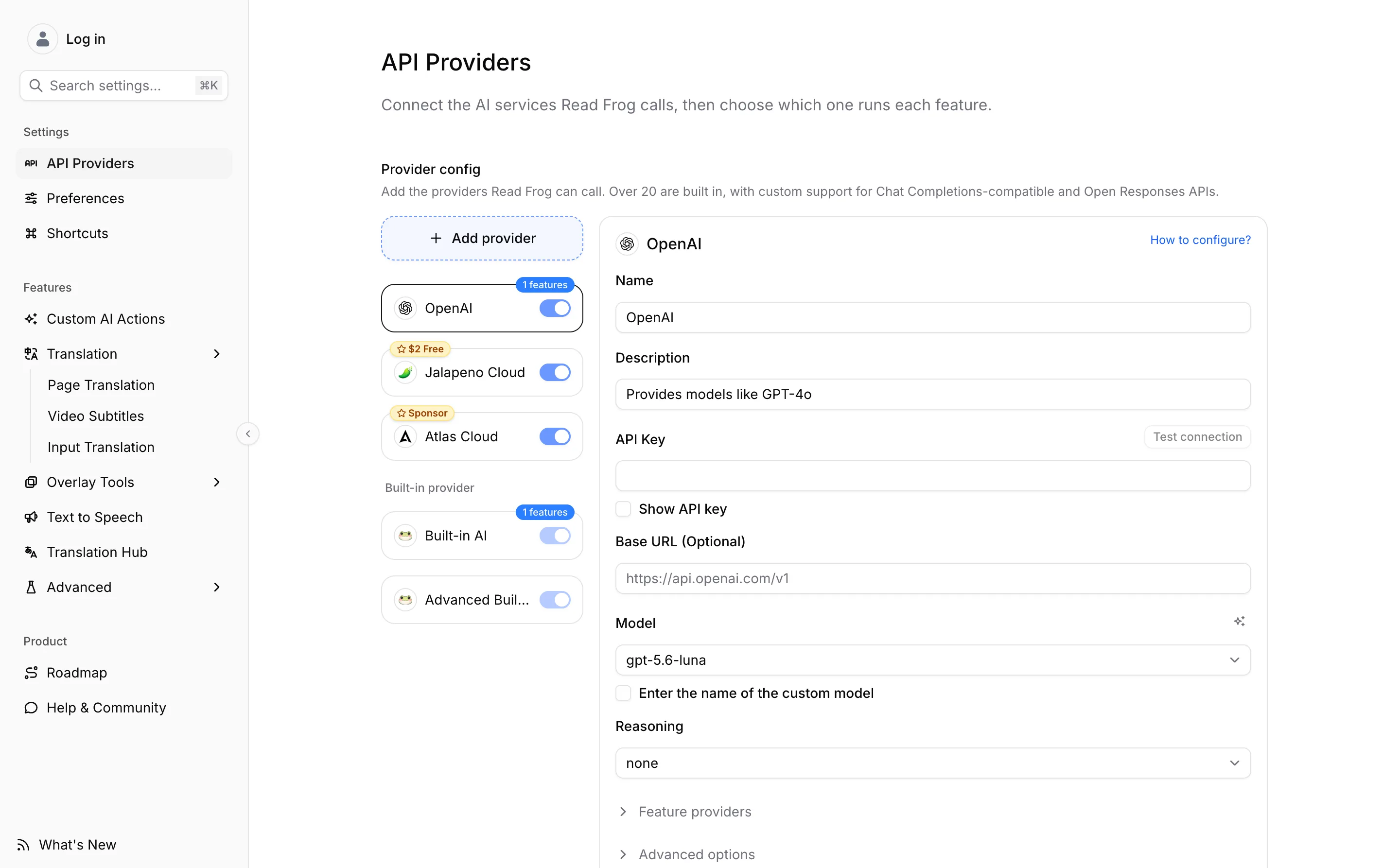 プロバイダーを選択して接続設定を開いた API Providers の画面