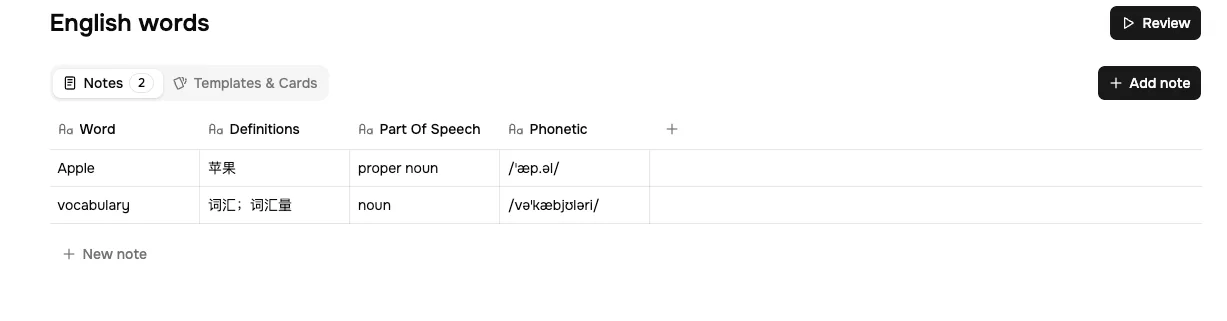 The notebase table with saved notes