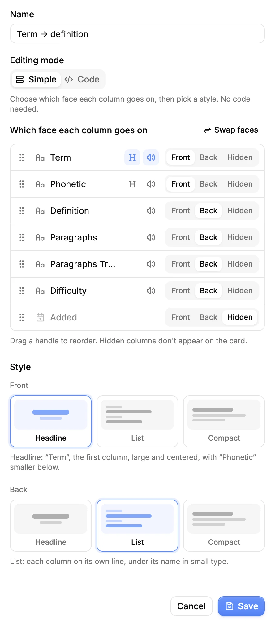 The template editor in Simple mode