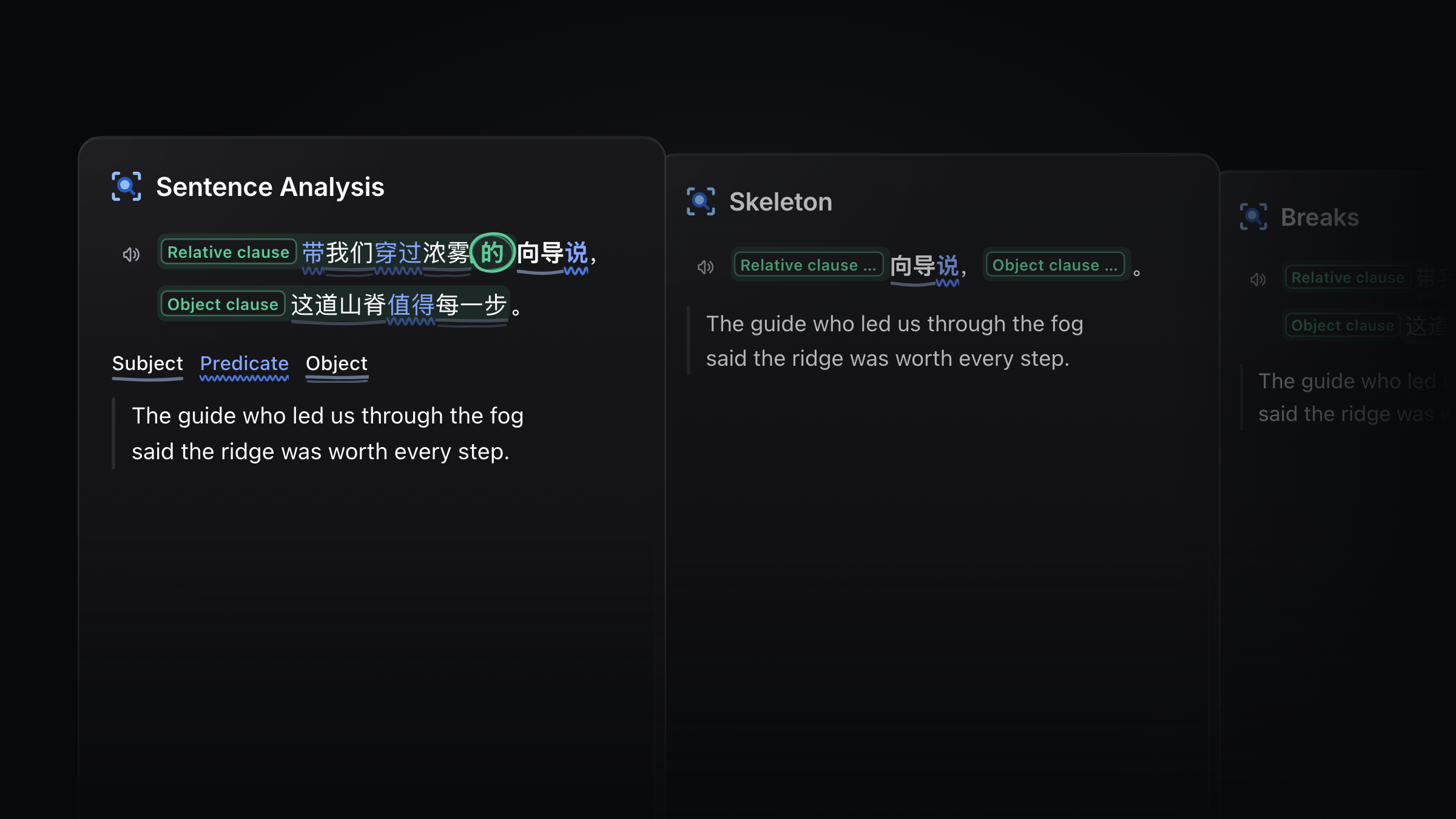Sentence Analysis three ways: the full markup, the skeleton and the breaks