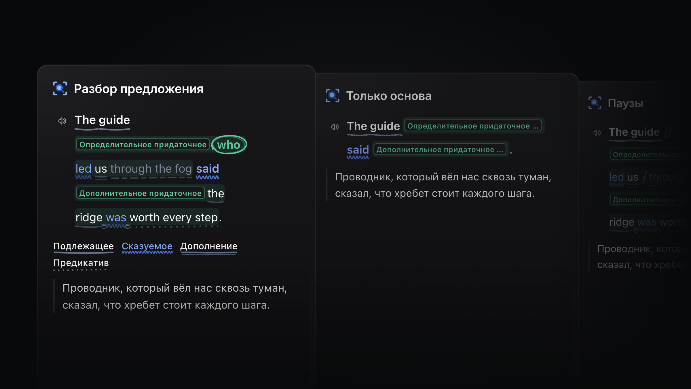Одно предложение, три способа прочитать: полный разбор, основа и паузы
