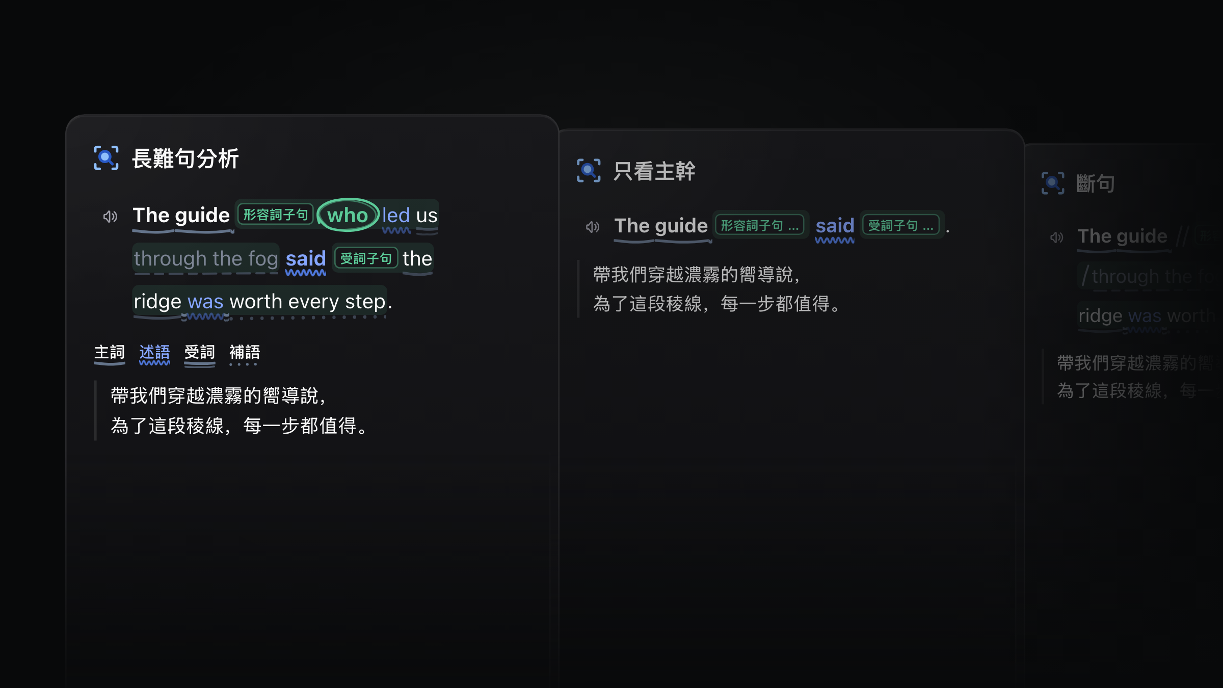 同一句話的三種讀法:完整標注、只看主幹、斷句