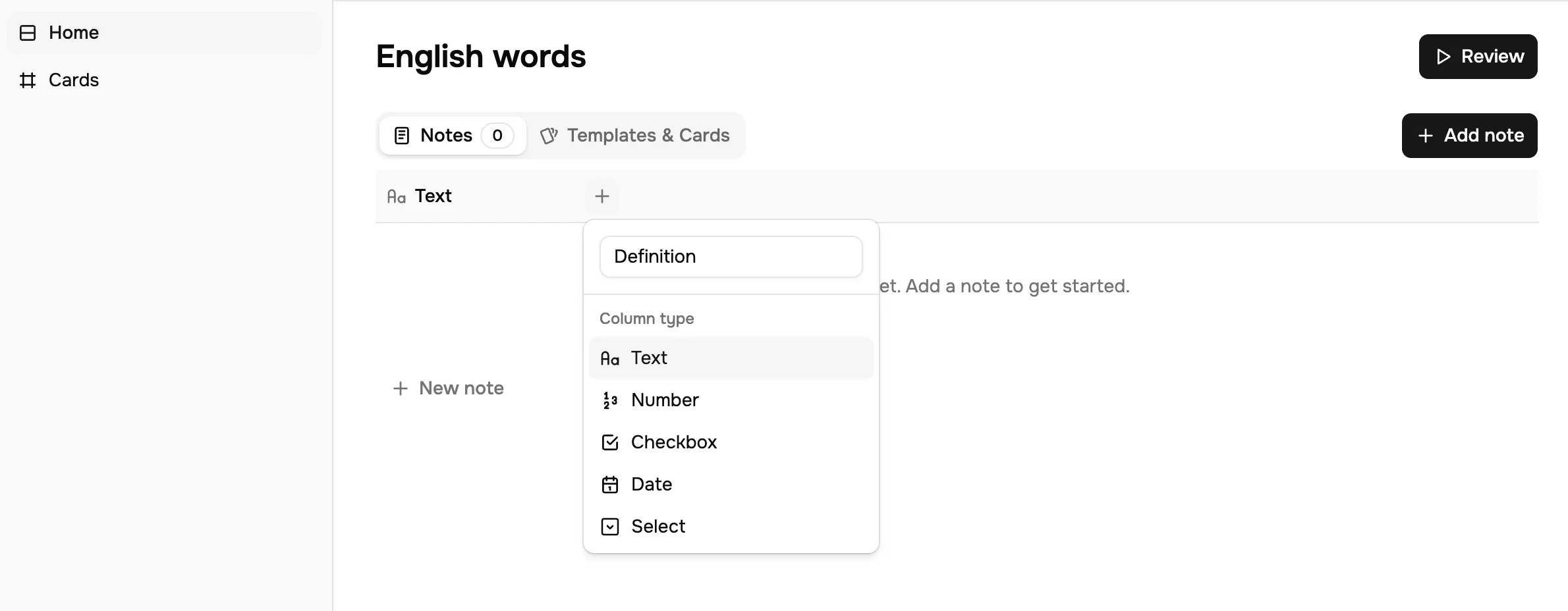 The Add column control in the notebase table header