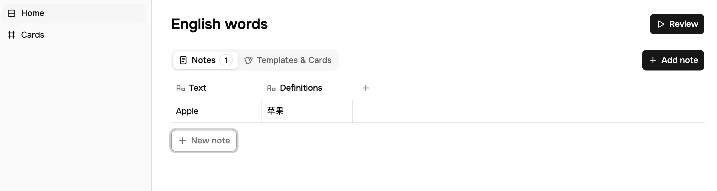 The Add note control in the notebase table
