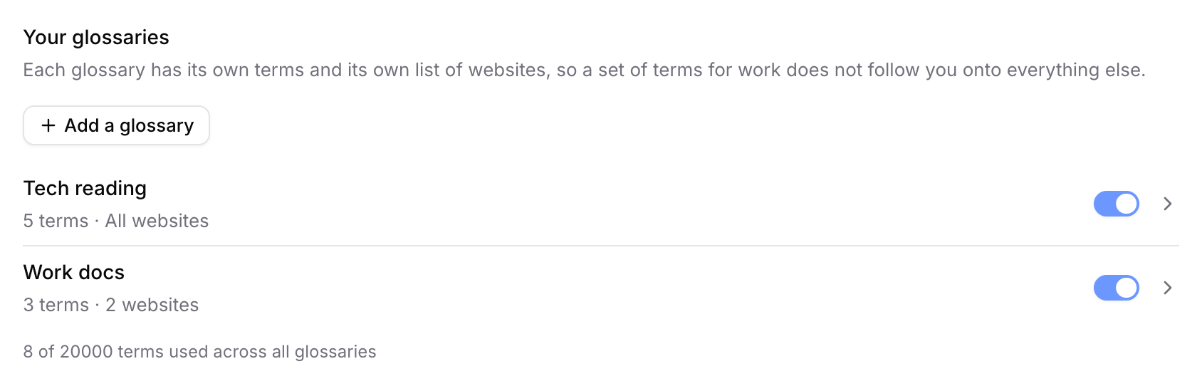 Two glossaries: one on every website, one limited to two addresses