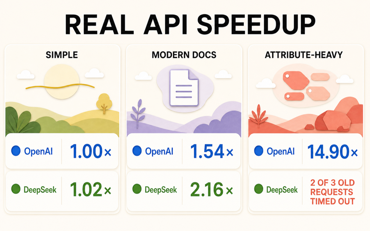 LLM speed comparison across simple, normal-document, and attribute-heavy samples