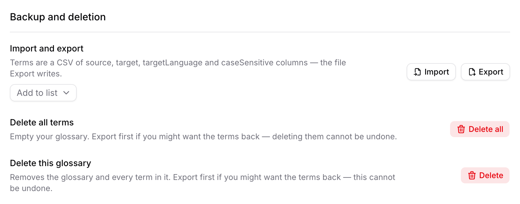Import, export, and the deletion controls at the bottom of a glossary