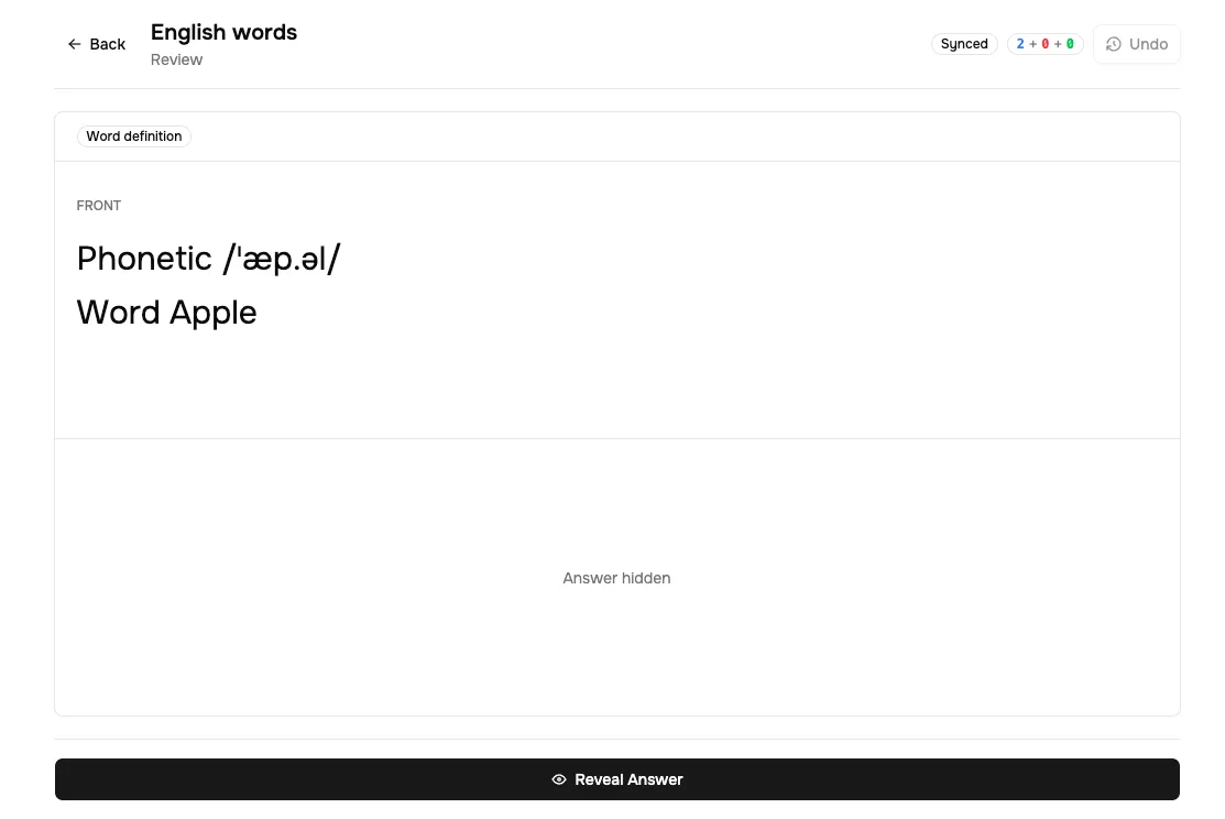 表面だけが表示された復習カード