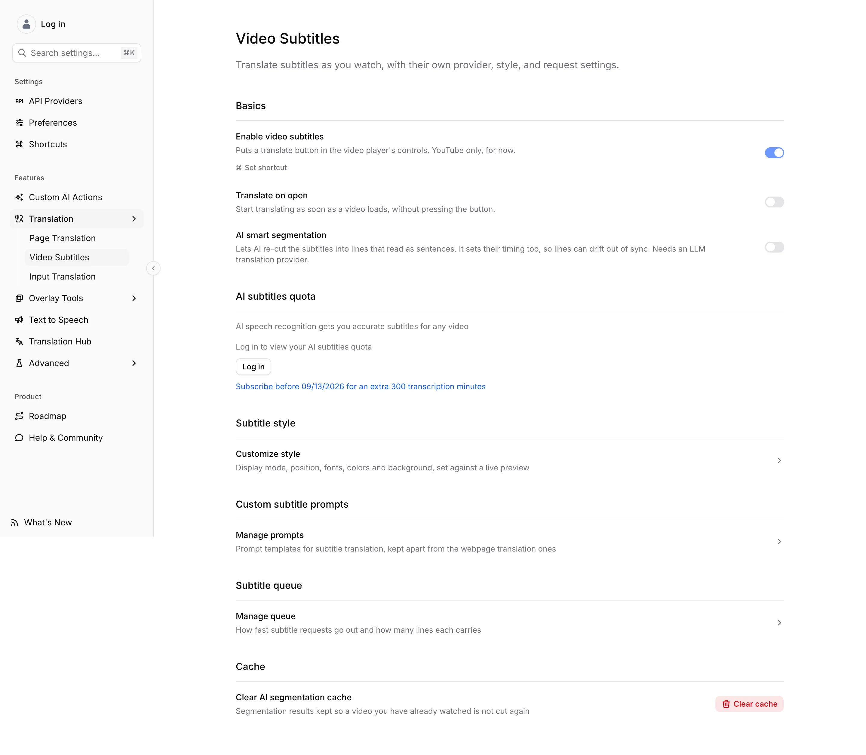 The Video Subtitles settings, from the enable switch down to the cache controls