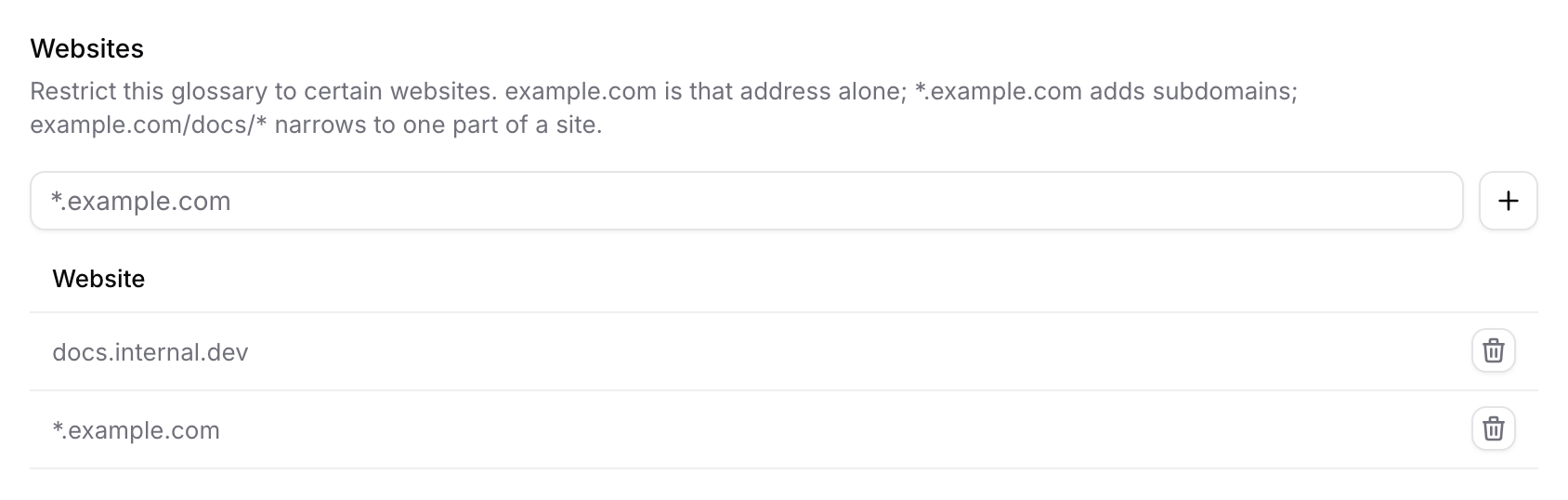 A glossary restricted to *.example.com and docs.internal.dev