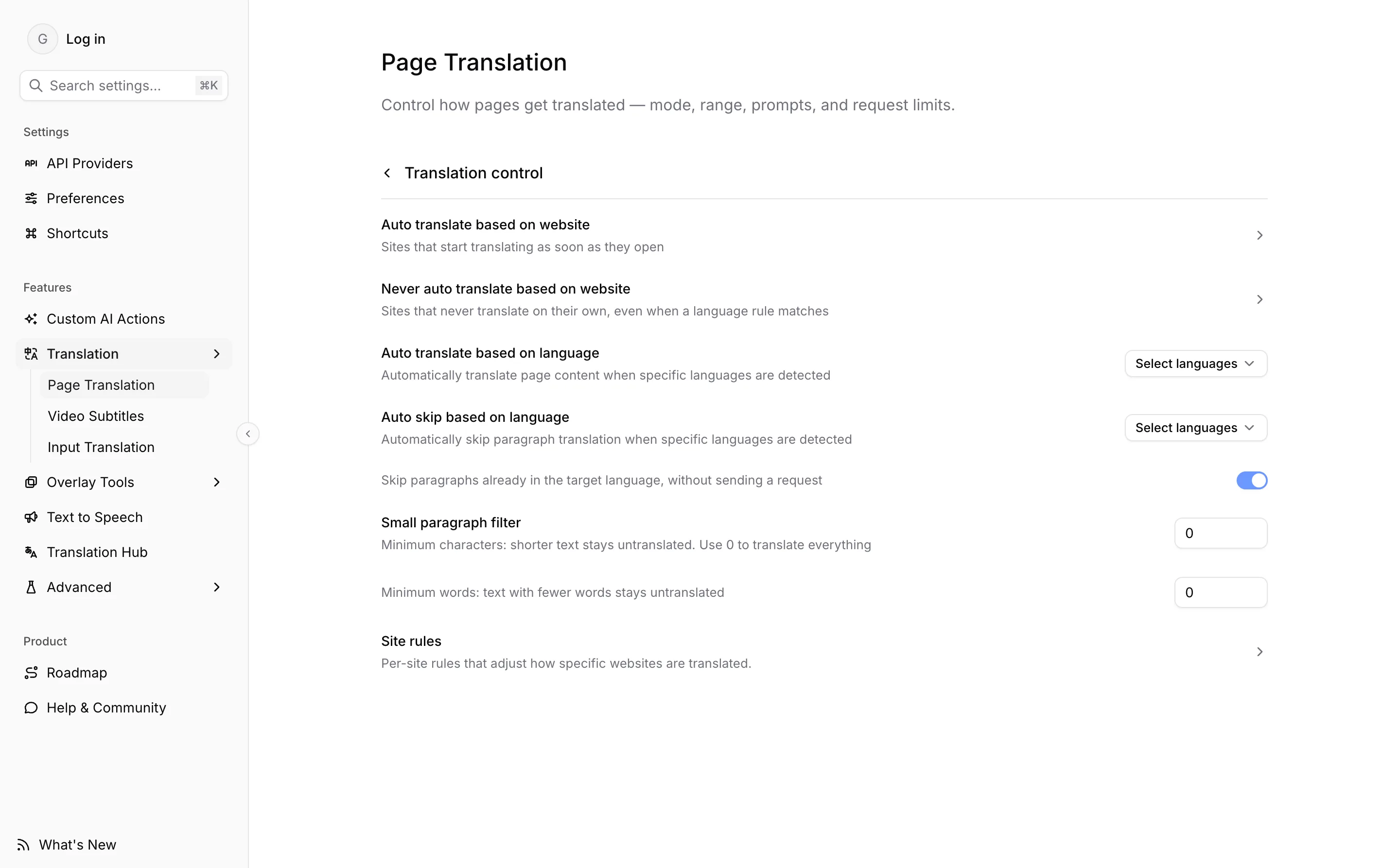 La página de Control de traducción: las dos listas de sitios web, las dos filas de idioma, los umbrales de párrafos pequeños y las reglas de sitios