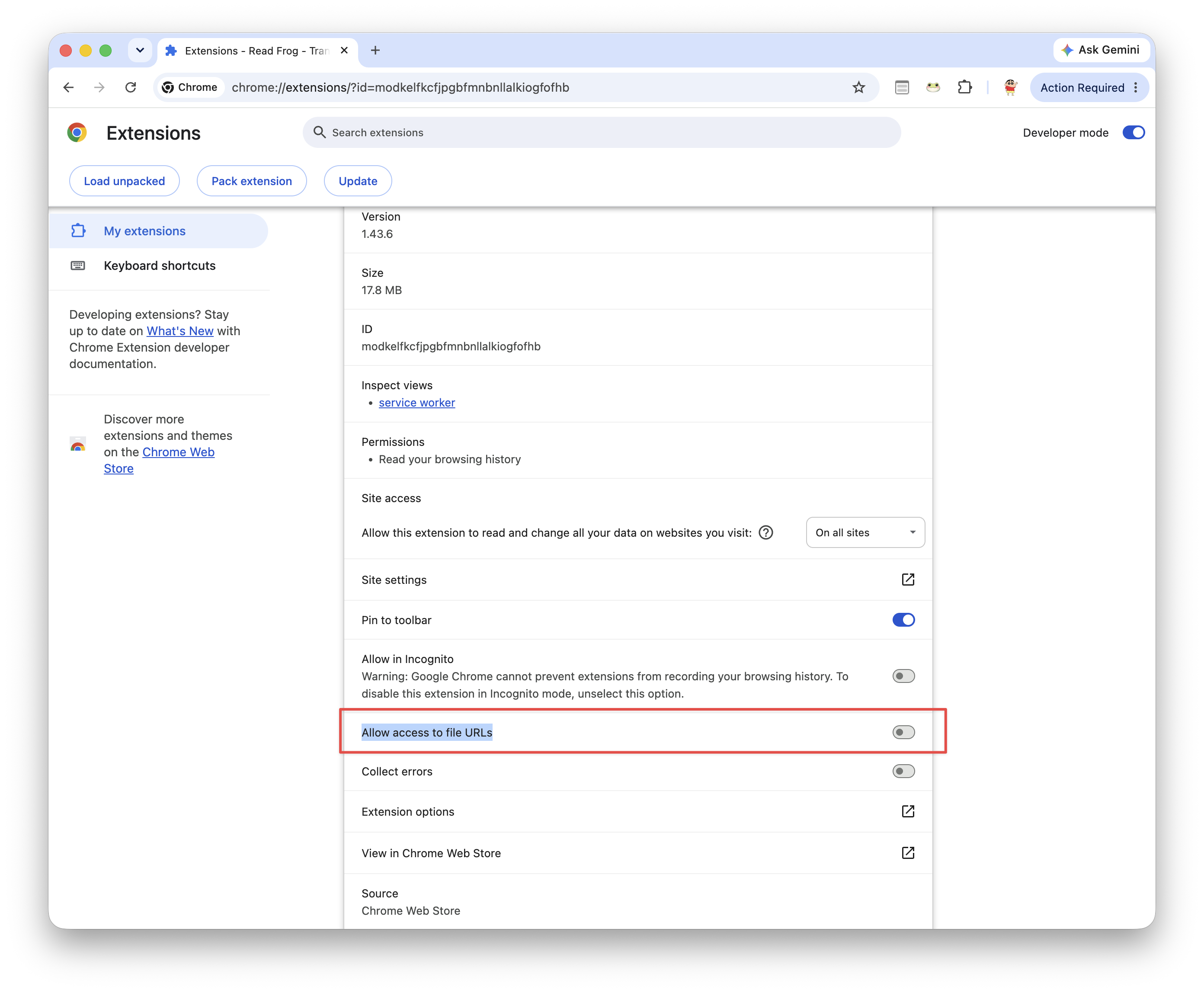 Read Frog extension details with the Allow access to file URLs setting highlighted